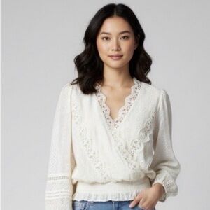 Miss Me Surplice Crochet  Top Womens Size L Cream Boho Chic Lace Eyelet Wrap